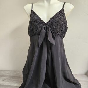 VINTAGE Eva Blue Black Dress Size 16 Beaded 90s Babydoll Front Bow Flare‎ Sheer